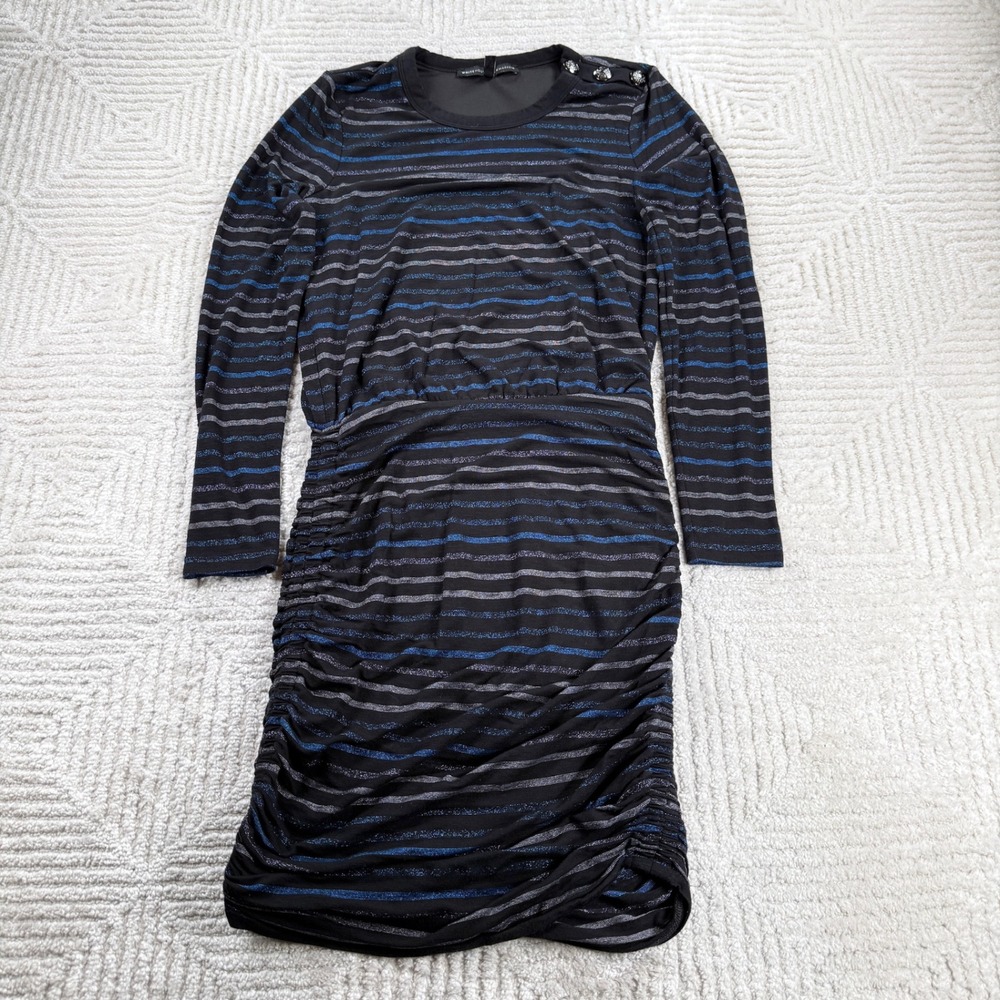 White House Black Market Dress Womens XS Black Metallic Stripe Ruched Cocktail